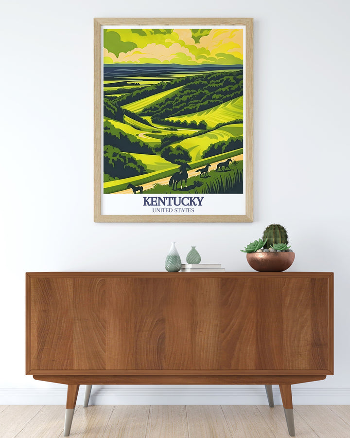 This Kentucky Poster Print showcases the iconic Bluegrass region and the Walk Across Kentucky. Perfect for home décor, this travel print captures the beauty of Kentuckys rolling hills and scenic pathways. A must have for fans of Kentucky culture and nature.