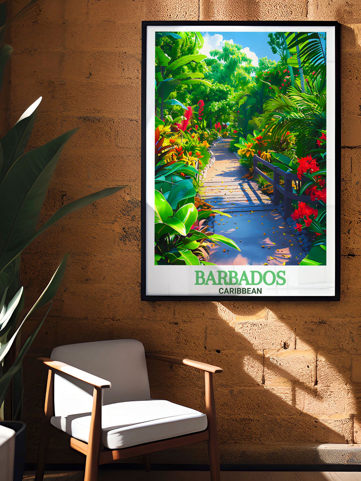 Andromeda Botanic Gardens Modern Art provides a beautiful representation of Barbados lush greenery and vibrant floral displays. This print offers a contemporary take on the islands tropical landscapes, adding a fresh and elegant touch to your home decor. Ideal for those who love the natural beauty of the Caribbean