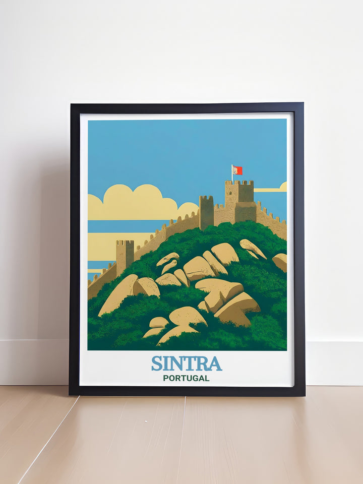 This vibrant Sintra travel poster captures the stunning beauty of Portugals Moorish Castle. The ancient fortress, nestled in the scenic hills of Sintra, is depicted in rich colors and intricate detail. Perfect for anyone who loves Portugal, this art print will transport you to the heart of Sintras historic charm.