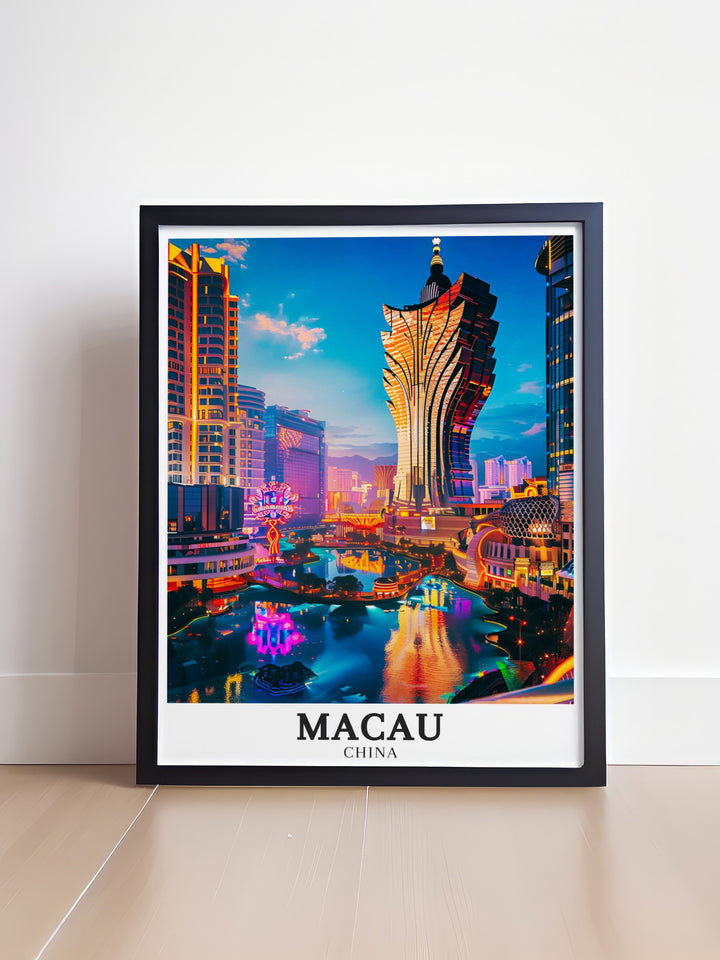 Add a touch of elegance to your home decor with this Macau Art Print featuring the famous Macau Cotai Strip Casino Grand Lisboa and a detailed Macau City Map This artwork is ideal for those who love travel and wish to bring the beauty of Macau into their space