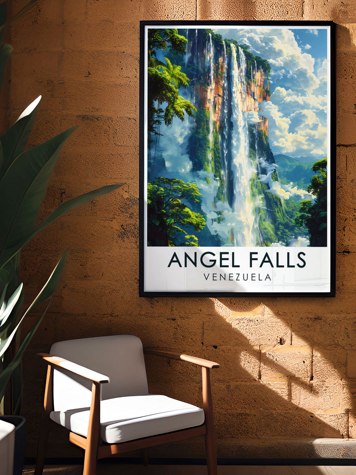 Bring the power of Angel Falls into your living space with this detailed travel poster. It captures the awe inspiring beauty of the worlds highest waterfall, set against the dramatic cliffs and lush greenery of Canaima, Venezuela.