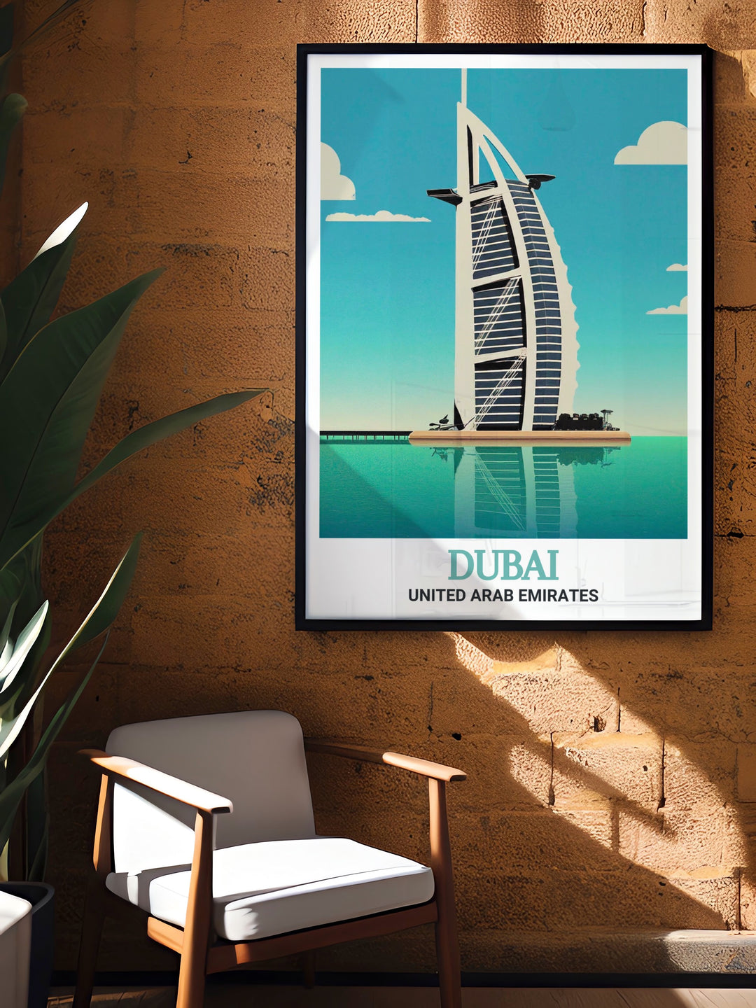 Beautiful Dubai poster showcasing the Burj Al Arab and a botanical garden motif adding an elegant touch to any room ideal for travelers and art enthusiasts who appreciate modern city prints