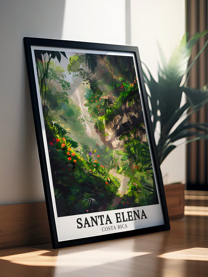 Elegant Santa Elena art showcasing the lush Santa Elena Cloud Forest and Encantado Trail. This Costa Rica print brings the beauty of nature into your home offering a perfect way to add tranquility and greenery to your living space.