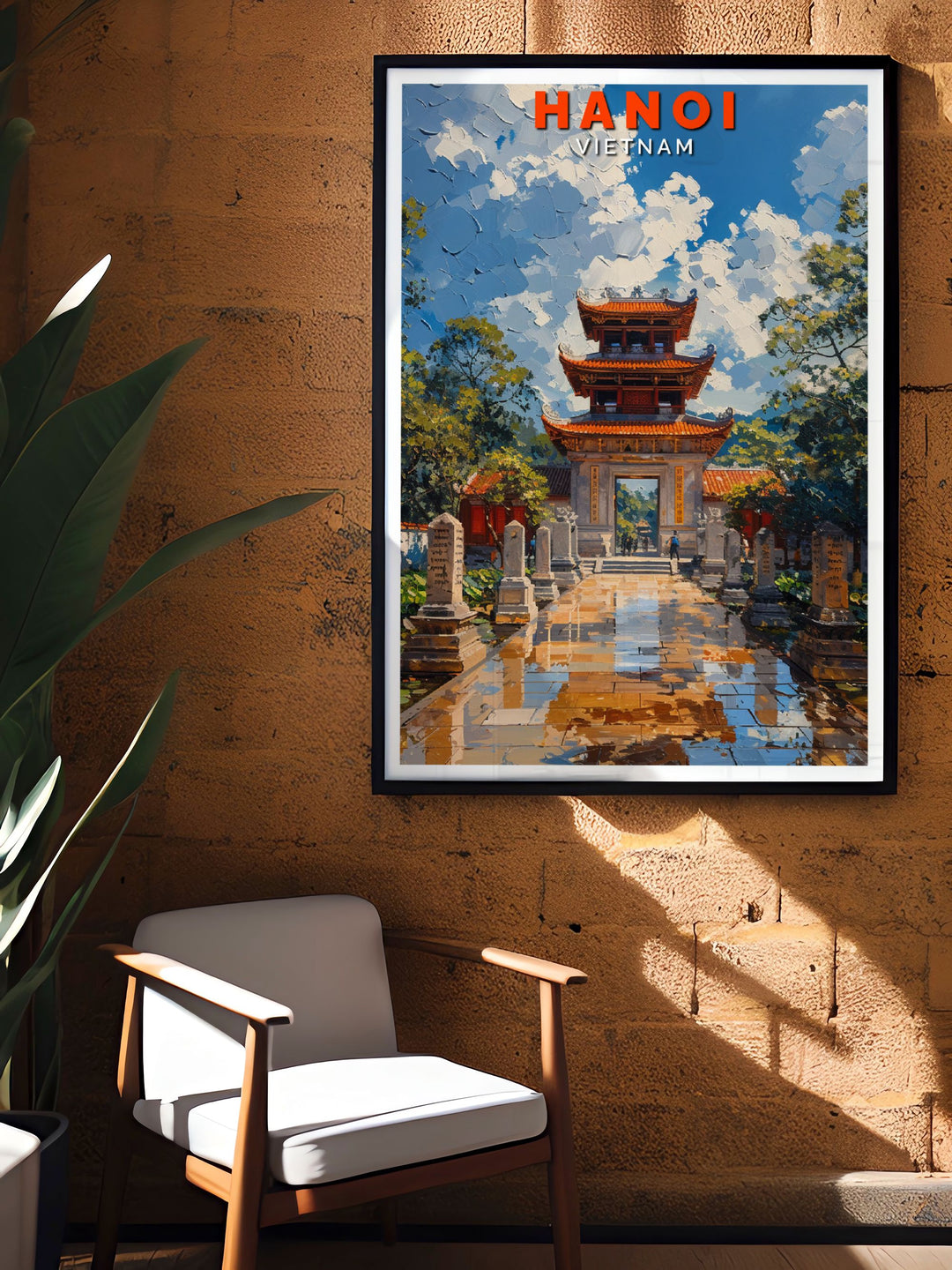 Featuring the lush gardens and historic buildings of the Temple of Literature, this travel poster brings the cultural richness of Hanoi into your home.