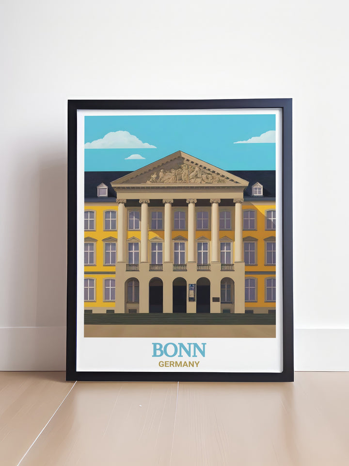 This Bonn poster print captures the stunning architecture of the University of Bonn, one of Germanys most prestigious academic institutions. Perfect for history and architecture lovers, this travel print brings the neoclassical beauty of Bonns university into your home, ideal for wall decor.