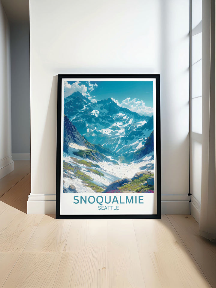 Experience the excitement of skiing at Alpental with this detailed art print, showcasing the challenging terrain and breathtaking mountain views.