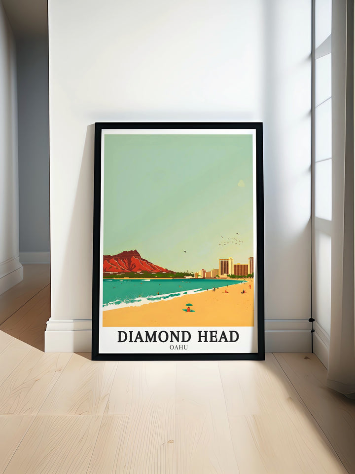 This detailed canvas art features Diamond Head in all its grandeur, standing tall above Waikiki Beach and the vibrant city of Honolulu, bringing the magic of Hawaii into your home.