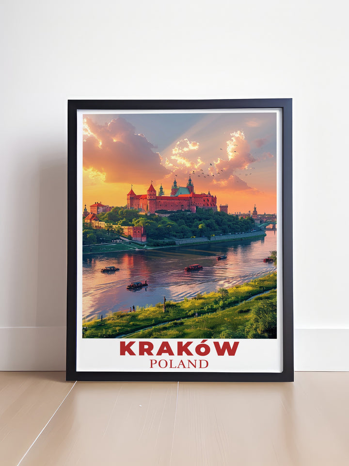 This Krakow poster print captures the majestic Wawel Castle, one of Polands most historic landmarks. Perfect for those who appreciate European architecture and culture, this travel art brings the beauty of Krakows iconic castle into your home.