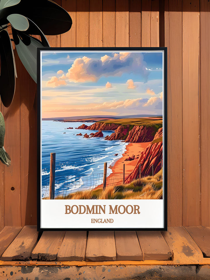 Poster of Bodmin Moors iconic landscapes, with bold colors and dynamic compositions that celebrate the rich history and timeless appeal of this English countryside, perfect for vintage art enthusiasts and nature lovers.