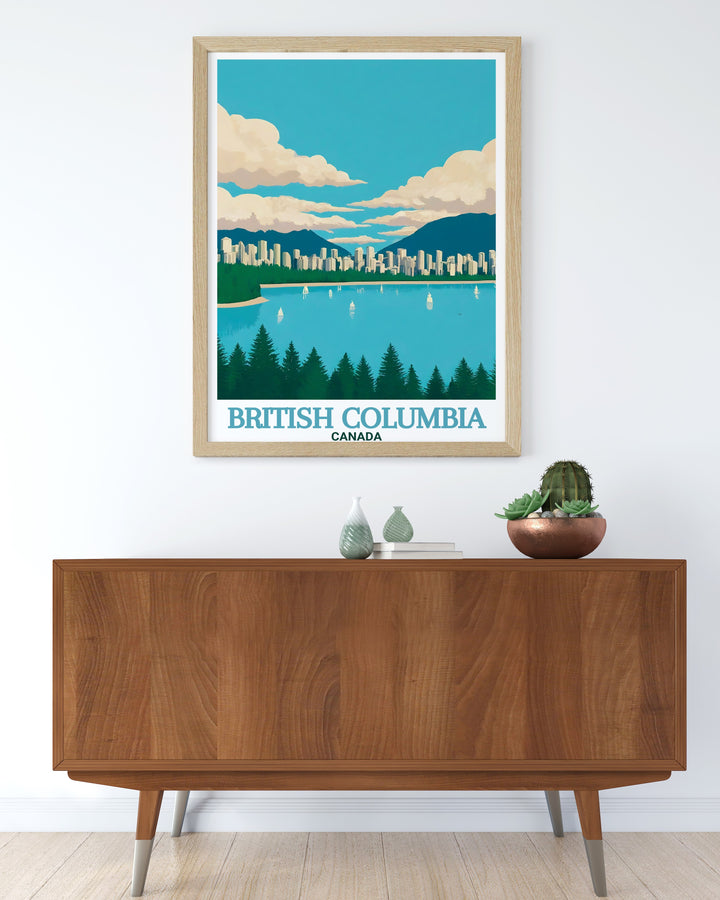 Stanley Park canvas art captures the tranquil beauty of one of British Columbias most famous parks. With its detailed depiction of nature, this travel print is a must have for those who appreciate outdoor landscapes.