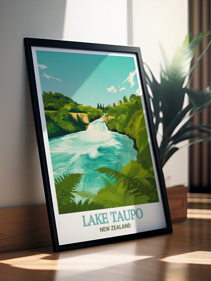 New Zealand Framed Art presenting a detailed and immersive view of Lake Taupo and Huka Falls, expertly crafted with rich colors and textures that highlight the countrys unique and diverse landscapes, providing a sophisticated and enduring piece that celebrates the beauty of Oceania.