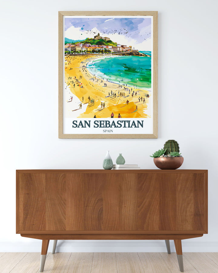 Bring the beauty of San Sebastian into your home with this colorful San Sebastian poster print showcasing La Concha Beach and Monte Igueldo. Ideal for gifts or as a statement piece in your living room office or bedroom to inspire a sense of adventure.