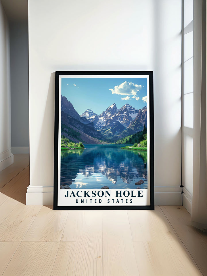 Bring the beauty of Jackson Hole into your home with this travel poster. Featuring the iconic Grand Teton National Park, this art print captures the heart of Wyomings landscapes, perfect for those who love skiing, hiking, and exploring the natural world.