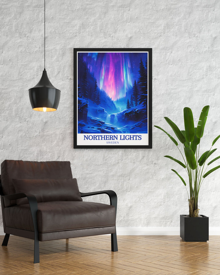 Bring the enchanting beauty of the Northern Lights into your home with this exquisite Vintage Travel Print featuring the serene landscapes of Svalbard Norway