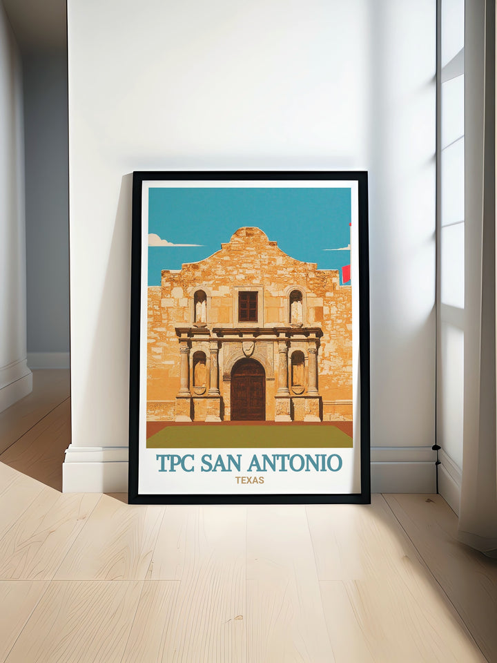 TPC San Antonio Art Print showcases the iconic Texas golf course perfect for adding elegance to any space paired with The Alamo Artwork a stunning representation of Texas history ideal for those who appreciate both sport and heritage in their home decor