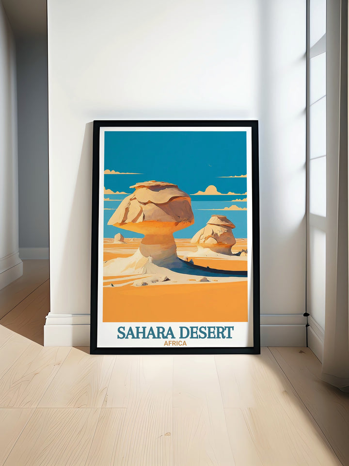 The White Desert Modern Prints showcasing the unique rock formations and pristine white sands of the Sahara Desert perfect for Africa Wall Art and Sahara Desert Decor adding elegance and adventure to any living room or office