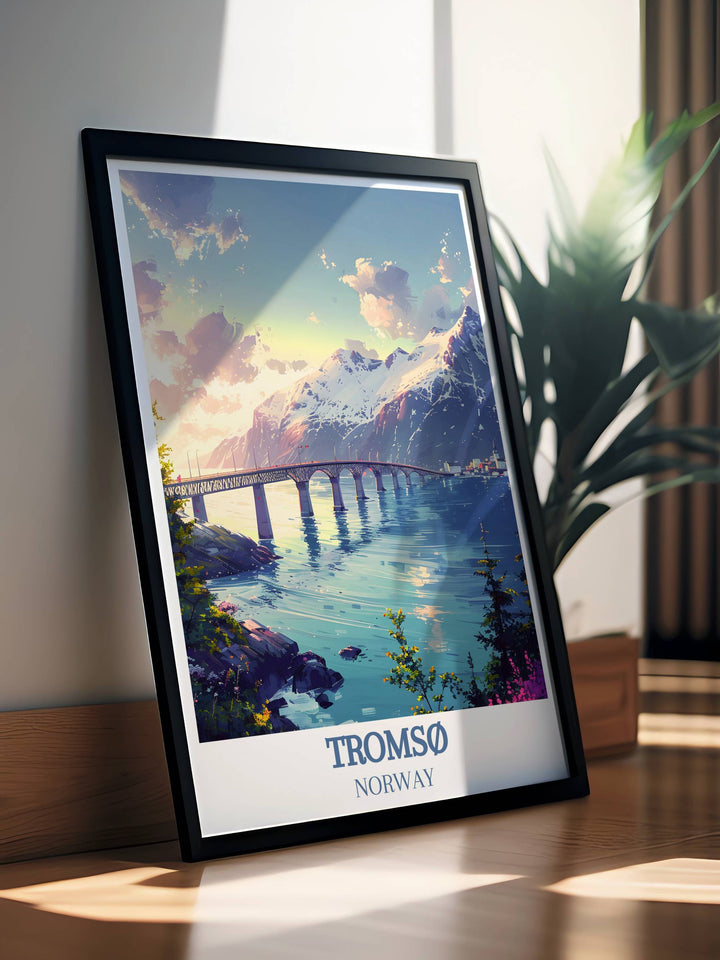 Tromsø Bridge travel print capturing the serene waters and majestic peaks of Tromsø, creating a captivating and picturesque scene that will enhance any space.