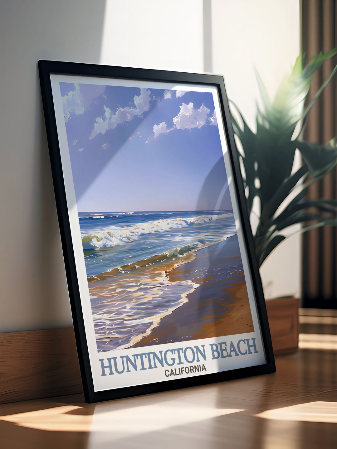 A detailed wall poster featuring Huntington Beach and Huntington State Beach in California. This travel art is perfect for beach enthusiasts and those who want to remember their time in the sun, surf, and sand of Californias coast.