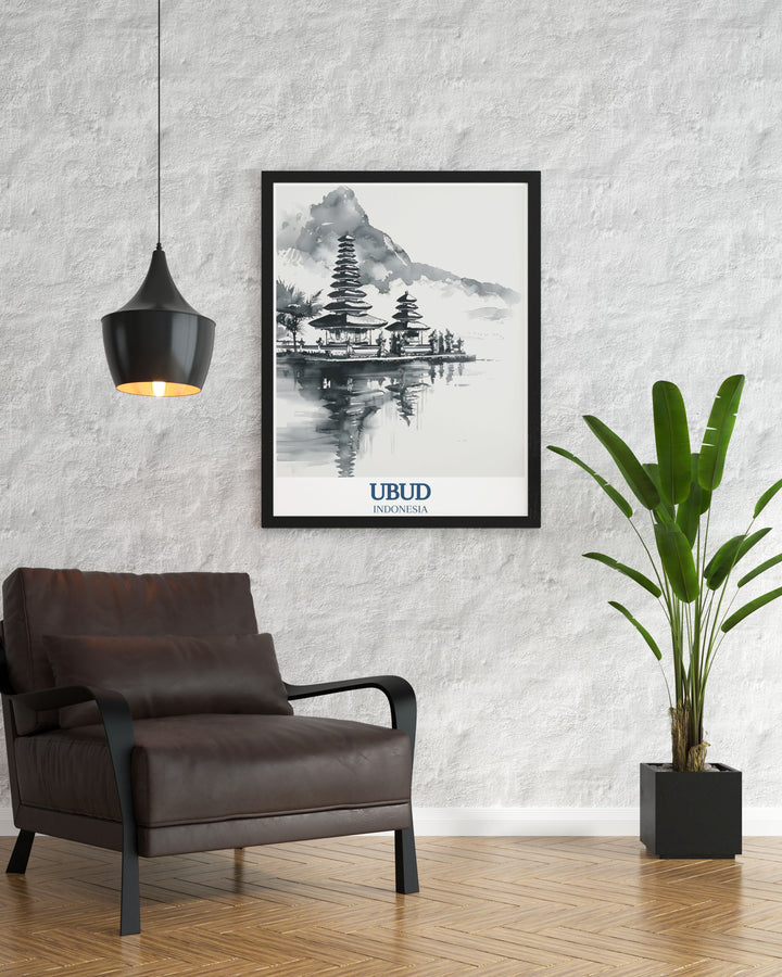 This travel poster of Bali features the iconic Pura Ulun Danu Bratan temple and the peaceful Lake Bratan. The soothing design creates a serene atmosphere in any room, perfect for those who love Balis cultural and natural landmarks.