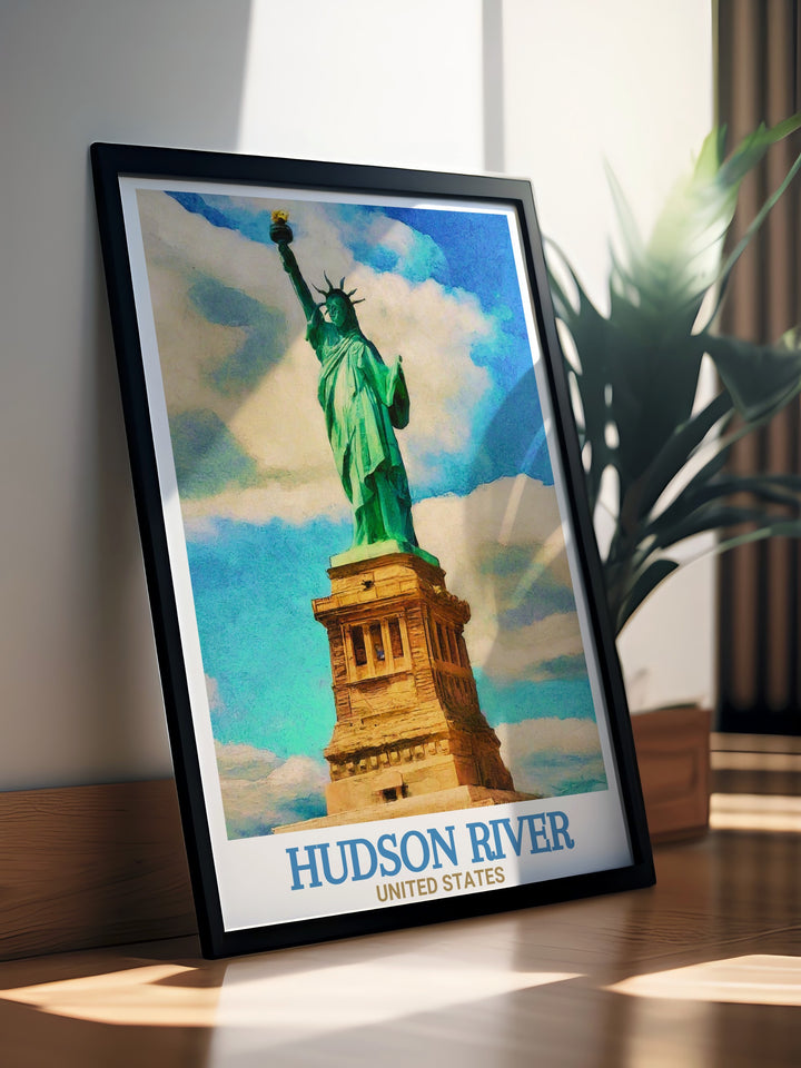 Celebrate New York with this vintage inspired poster of the Hudson River and Statue of Liberty. The peaceful river and bold silhouette of the Statue of Liberty create a stunning focal point for any room.