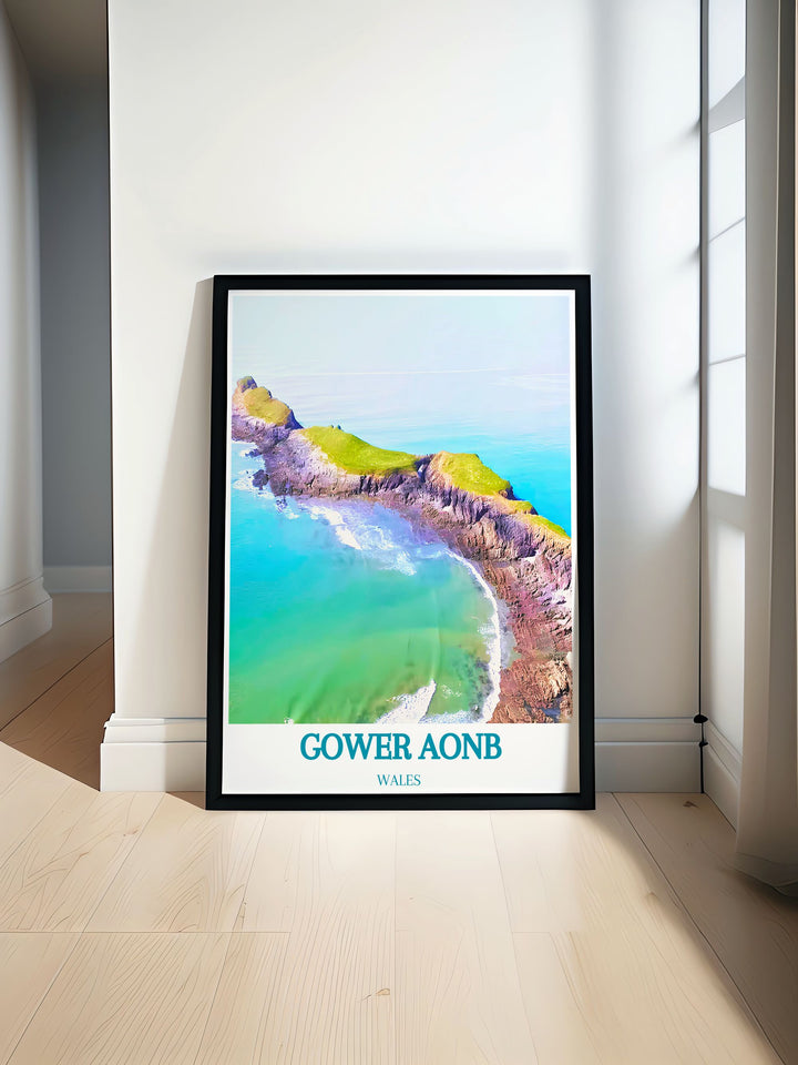 Rhossili Bay and Worms Head vintage travel print showcasing the breathtaking landscapes of the Gower Peninsula perfect for adding Welsh coastline charm to your home decor