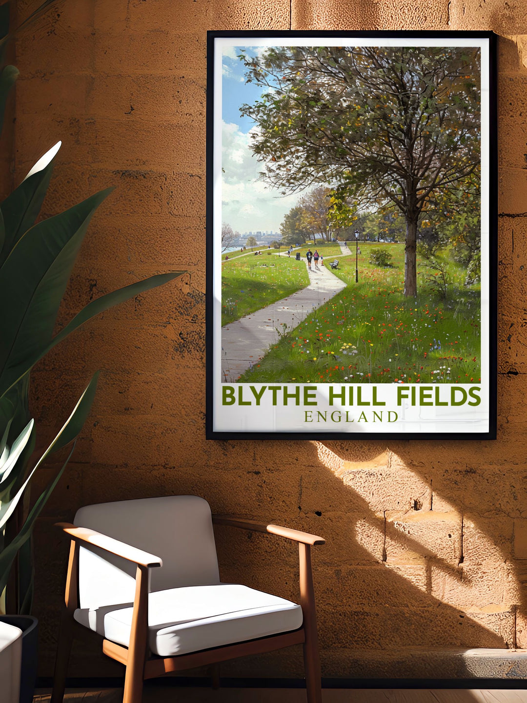 Featuring the rolling hills and scenic paths of Blythe Hill Fields, this travel poster captures the natural beauty of South East London, ideal for those who appreciate serene landscapes.