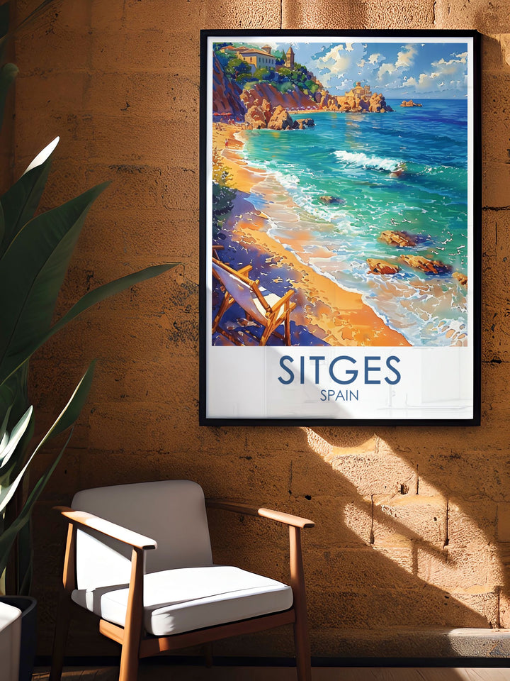 Featuring the serene Sitges Beaches and the Mediterranean coastline, this Spain travel poster brings the laid back coastal atmosphere into your home. Ideal for beach lovers and travel enthusiasts, this artwork makes a stunning wall addition.