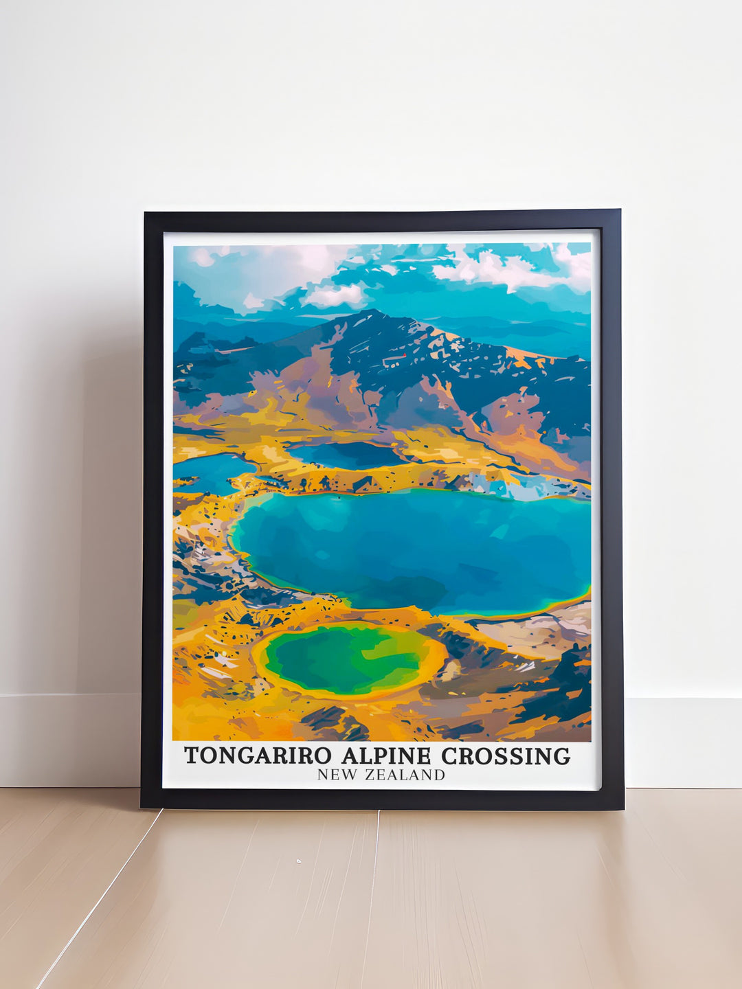 Highlighting the natural wonders of the Emerald Lakes, this New Zealand travel print showcases the tranquil waters framed by volcanic terrain. Its the perfect piece for adventurers and those inspired by New Zealands beautiful landscapes.