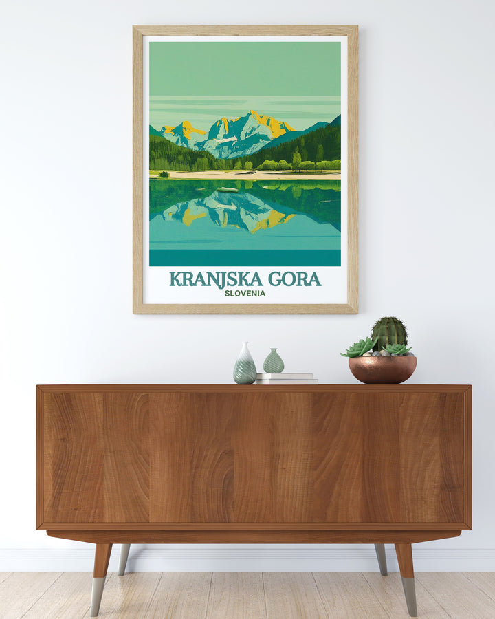 Elegant print of Lake Jasna, capturing the natural splendor and peaceful ambiance of one of Kranjska Goras most picturesque locations. The detailed illustration and vibrant colors make this print a beautiful addition to any home decor.