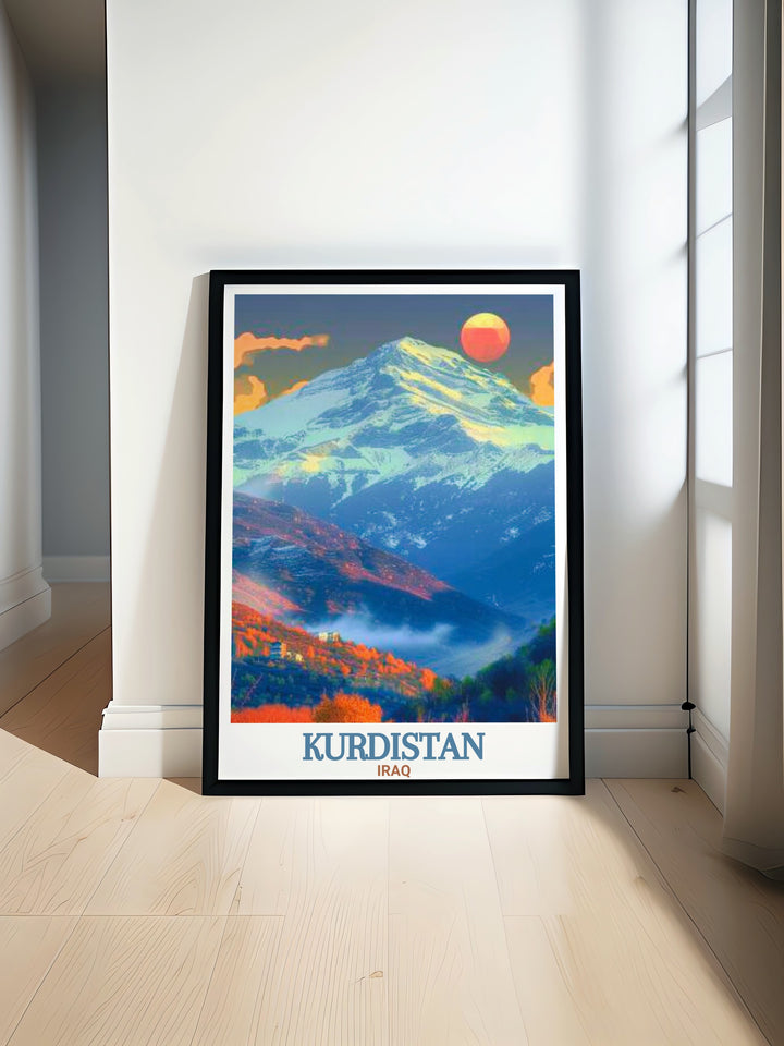 Mount Halgurd, one of Kurdistans most beautiful natural landmarks, is captured in this elegant black and white travel print. Its minimalistic style and clean lines make it an ideal piece for any modern décor.