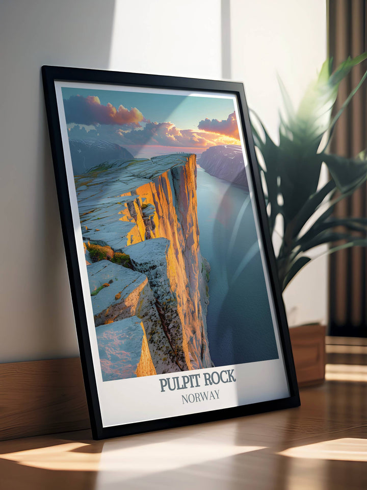 Pulpit Rock Norway travel print in a vintage style combined with contemporary decor for enhancing your home with stunning artwork and inspiring travel memories