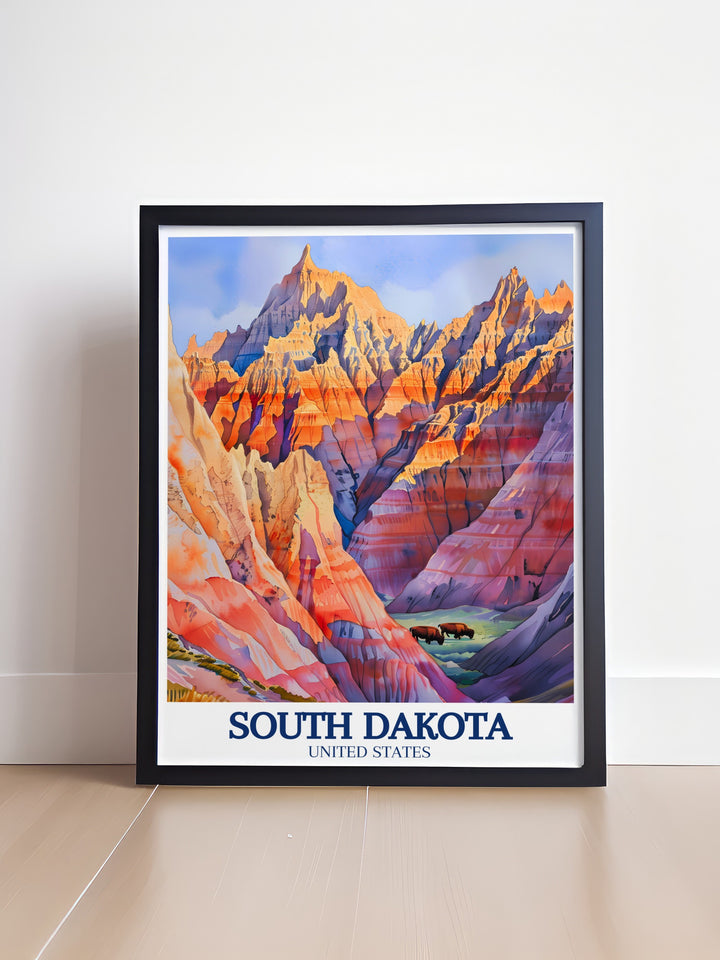 South Dakota travel poster with a vibrant depiction of Badlands National Park bison an excellent choice for modern decor and perfect wall decor