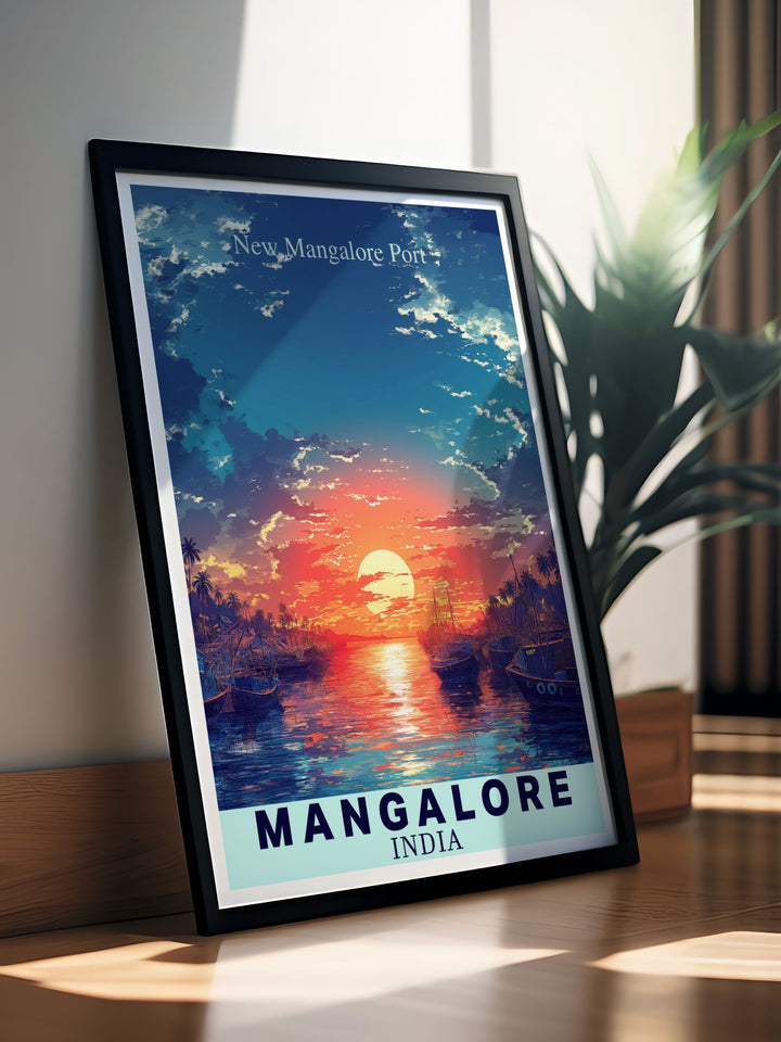 This travel poster of Mangalore and New Mangalore Port highlights the citys coastal charm and the ports role in Indias maritime trade, making it an excellent piece for those who admire Indian coastal landscapes and cultural heritage.