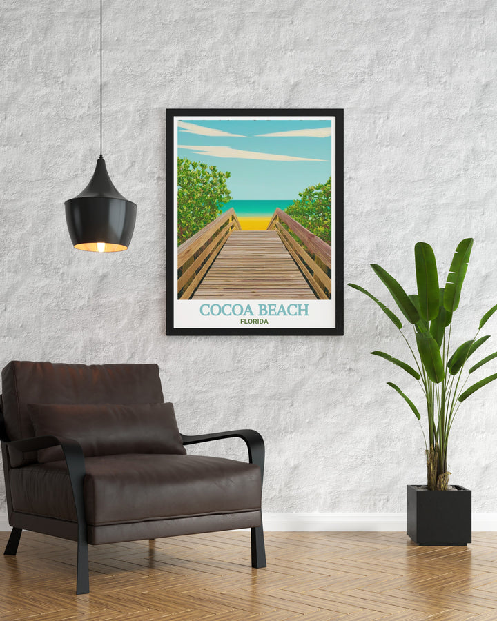 Florida travel print featuring Cocoa Beach and Lori Wilson Park. This detailed artwork captures the essence of one of Floridas most beloved beach destinations, perfect for those who cherish the laid back, sun filled lifestyle of Cocoa Beach.