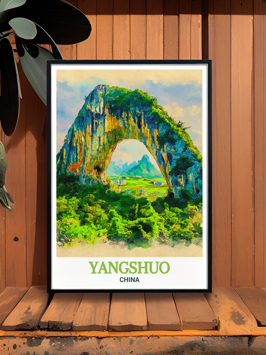 Moon Hill canvas print, showcasing the natural arch and serene landscape of Yangshuos famous site. Perfect for those seeking to incorporate the calming beauty of nature into their living space, this artwork is both inspiring and elegant.