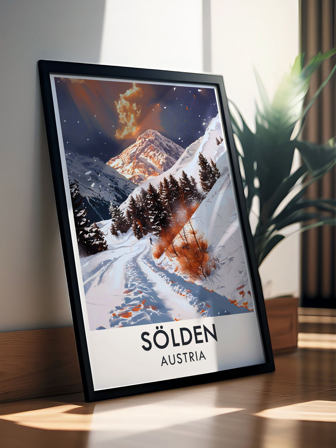 The majestic mountains and pristine slopes of Solden are highlighted in this vibrant travel poster, showcasing the natural beauty and thrilling winter sports opportunities of the Austrian Alps.