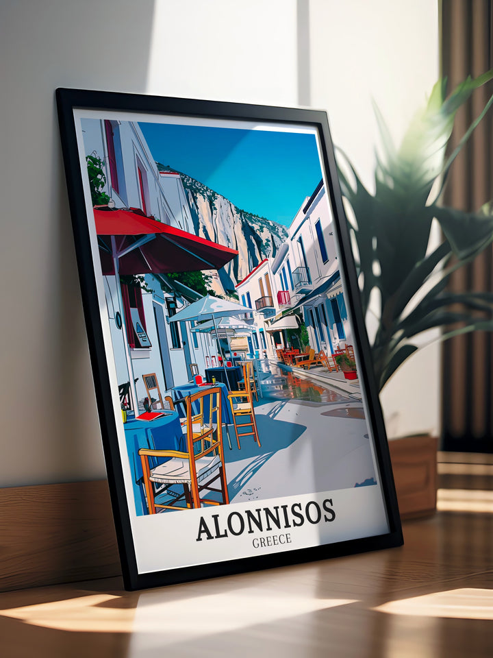 Old Town travel print showcasing the traditional architecture and lively atmosphere of Alonnisos. This detailed artwork brings the charm and history of this hilltop village into your home, perfect for Greece lovers.