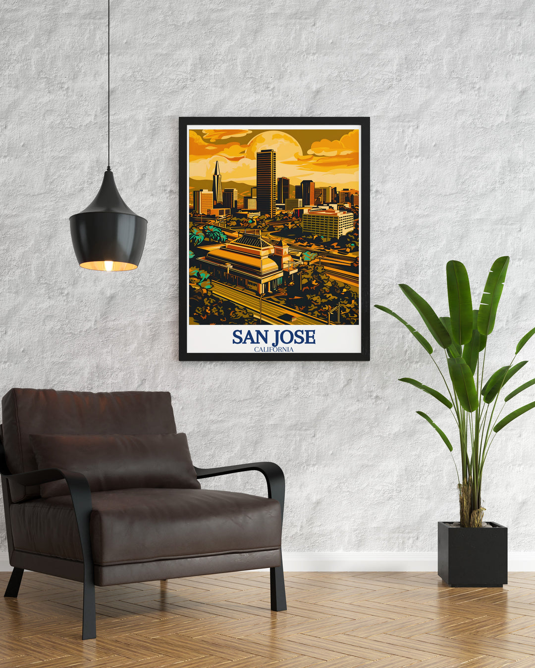 A detailed San Jose poster print showcasing the citys tech driven heart, Silicon Valley, and the scenic San Francisco Bay Area. Perfect for California travel décor, this art piece captures the vibrant spirit and innovation of these iconic California locations.