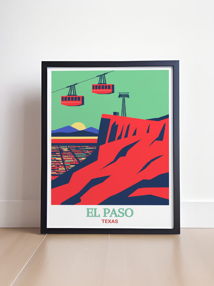 Celebrate the breathtaking views of El Pasos Wyler Aerial Tramway with this vibrant travel print. Whether as a gift or as part of your own collection, this artwork beautifully illustrates the sweeping desert and mountain landscapes of Texas, providing a stunning and memorable piece of home decor.