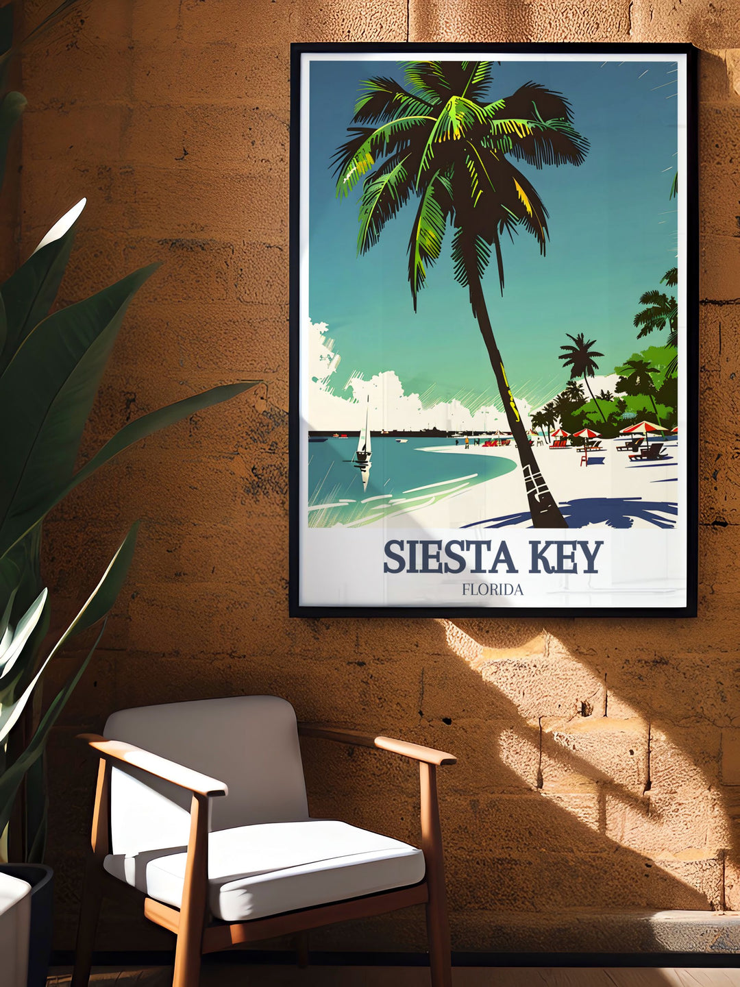 Stylish Siesta Key print capturing the essence of Crescent Beach with its clear waters and soft sands ideal for adding a touch of coastal elegance to your living room or bedroom decor.