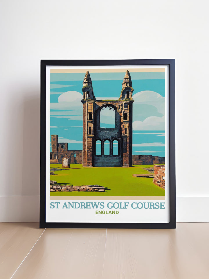 Vintage poster of St Andrews, depicting the timeless beauty of the Golf Course and the Cathedral. This print is ideal for those who appreciate travel inspired art that tells a story, adding a touch of Scotlands heritage to your decor.