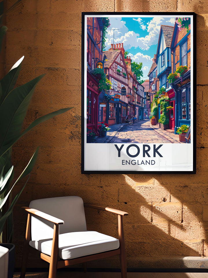 Discover a captivating travel poster that features Yorks The Shambles, framed by its historic buildings and bustling ambiance. This artwork serves as a perfect reminder of the delightful experiences found in this ancient city.