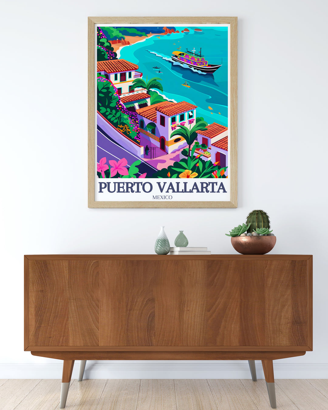 This Puerto Vallarta street map art print elegantly displays the citys coastal charm, with fine lines depicting the beach, Panga boats, and more. The black and white aesthetic makes this piece versatile for any room, serving as both a travel keepsake and a stylish decor item.