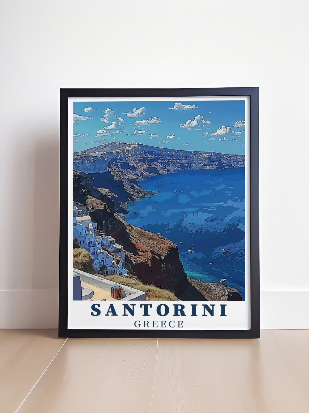 A beautifully illustrated Santorini canvas print featuring the islands famous caldera and the Aegean Sea. Perfect for coastal home decor, this artwork celebrates the serenity and beauty of one of Greeces most iconic travel destinations.