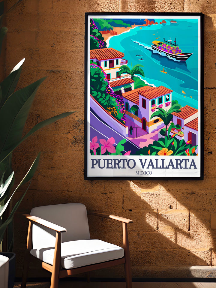 A fine line print of Puerto Vallarta showcasing the iconic Puerto Vallarta beach and Panga boats on the horizon. The detailed black and white design perfectly captures the essence of Mexicos vibrant coastal city, making it a versatile addition to any modern home decor. Ideal for gifts or personal collections.