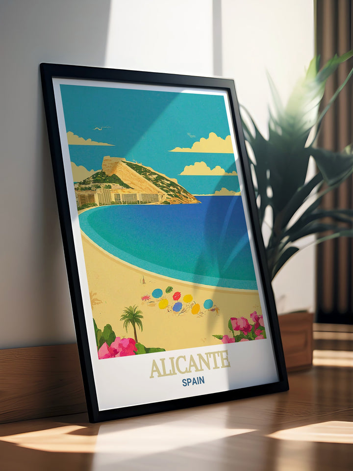 Alicante travel poster of Playa del Postiguet, capturing the beachs lively atmosphere and scenic beauty. This print is perfect for decorating your home with a piece of Alicantes coastal paradise. Let the charm of Playa del Postiguet inspire your space.