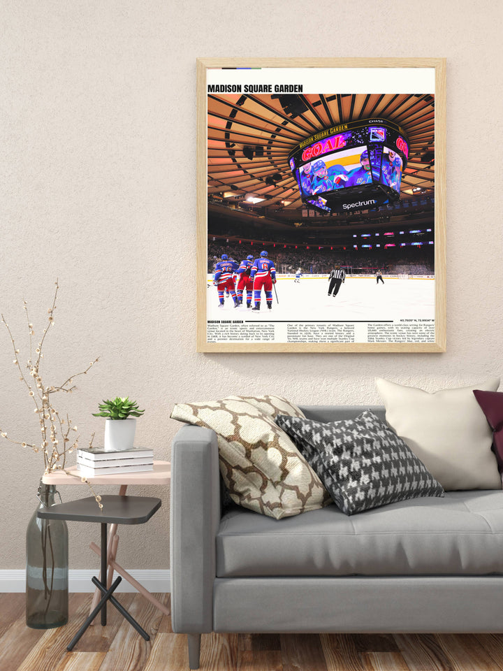 Vintage NHL Print of New York Rangers players Jacob Trouba Filip Chytil Jimmy Vesey and Ryan Lindgren a must have for any fan adding Madison Square Garden legacy to their space