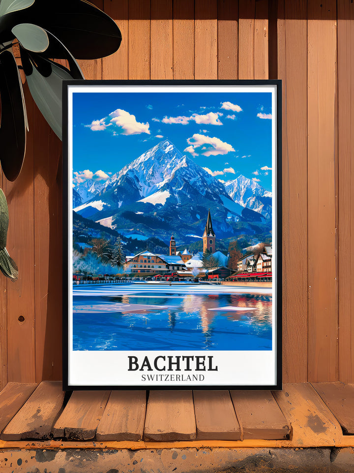 Scenic poster of Bachtel in Zurich Oberland, Switzerland. Featuring the picturesque landscapes and serene atmosphere of this iconic Swiss town. Ideal for enhancing your living room, office, or any space with a touch of Swiss natural beauty and charm.