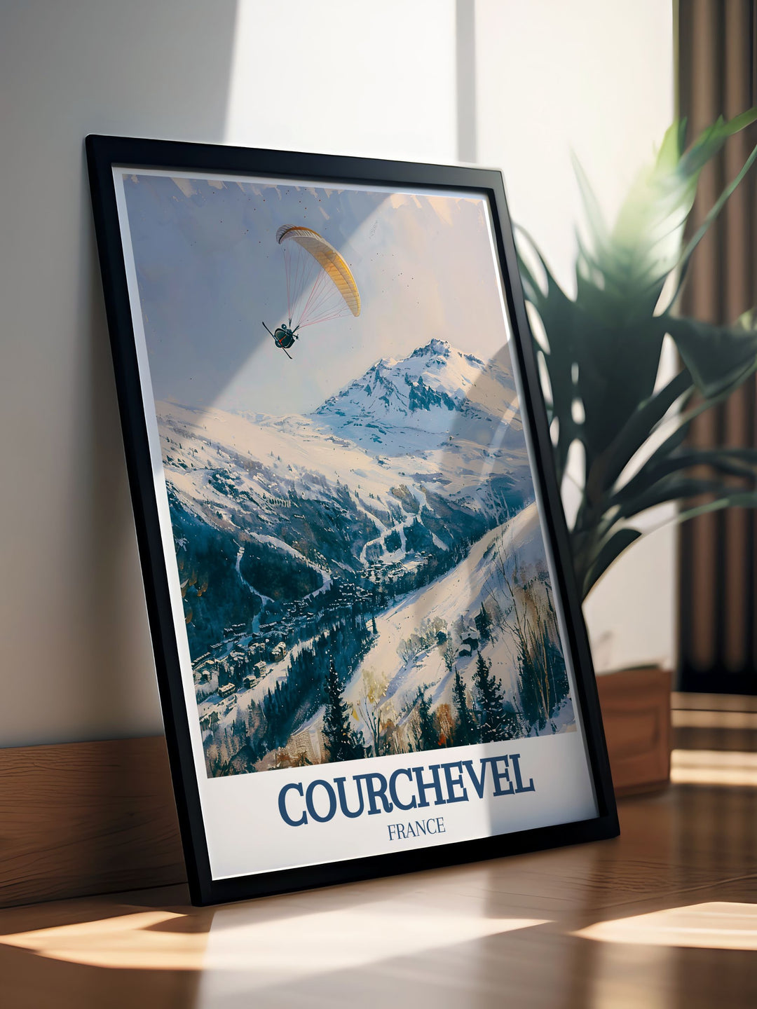 This poster showcases the majestic slopes of La Saulire and the luxurious atmosphere of Courchevel, adding a unique touch of Frances historical and natural beauty to your living space.