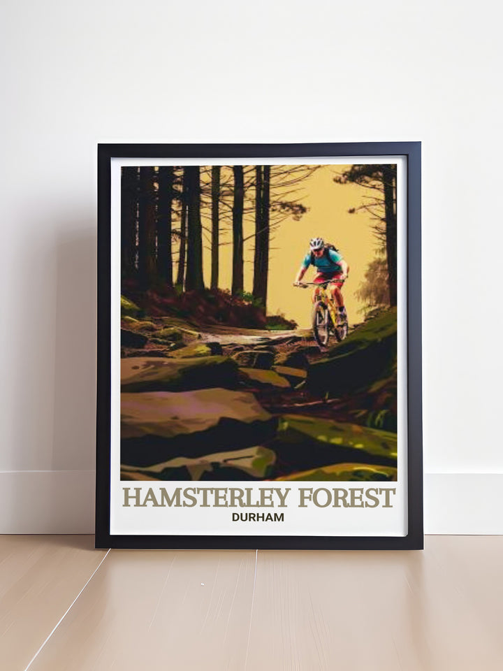 Captivating Hamsterley Forest Adventure Play Area art print featuring the rugged trails of the North Pennines a dynamic wall art piece for adventurers and mountain biking enthusiasts looking for unique home decor